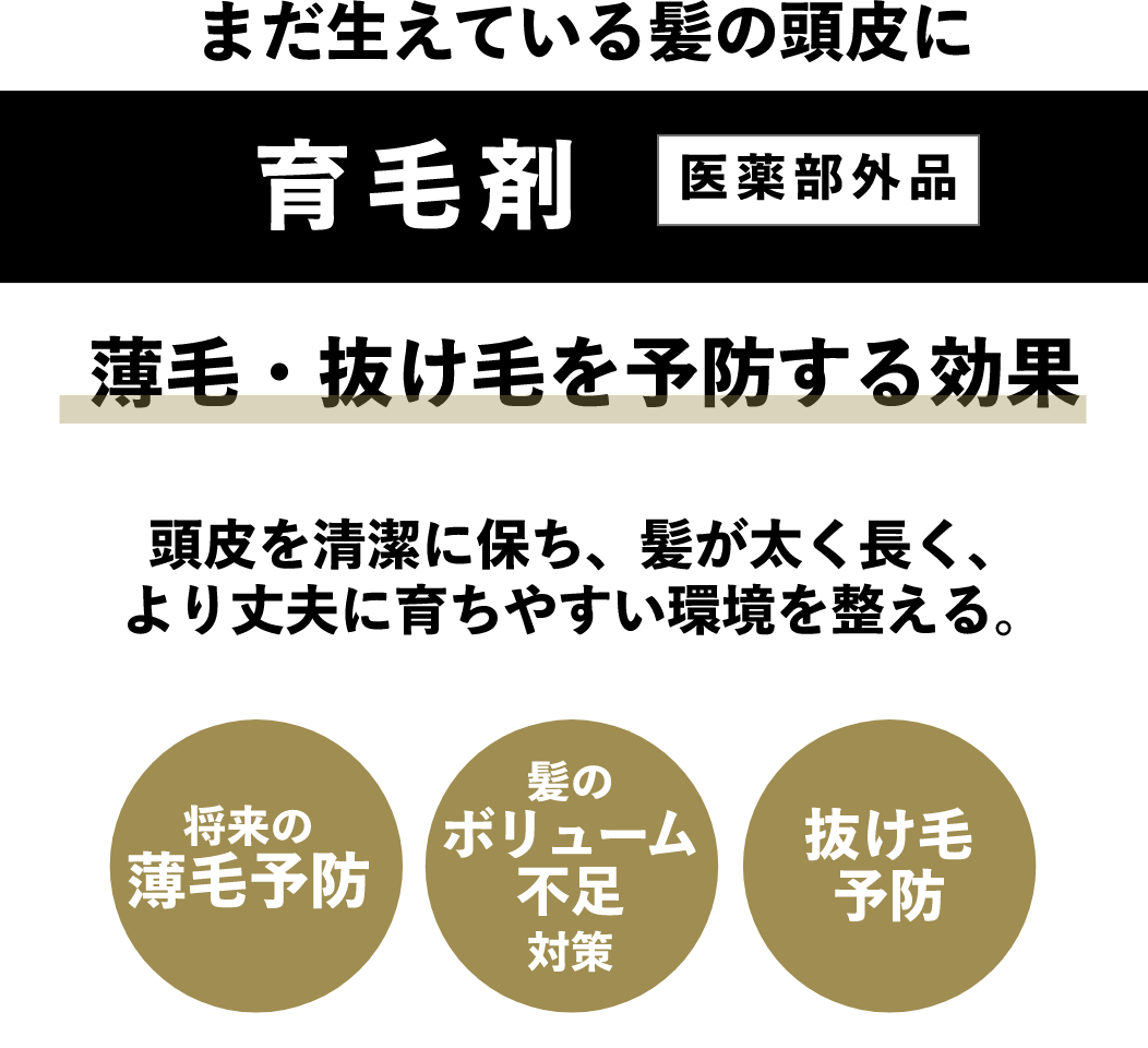 まだ生えている髪の頭皮に 育毛剤 医薬部外品 薄毛・抜け毛を予防する効果 頭皮を清潔に保ち、髪が太く長く、より丈夫に育ちやすい環境を整える。将来の薄毛予防 髪のボリューム不足対策 抜け毛予防